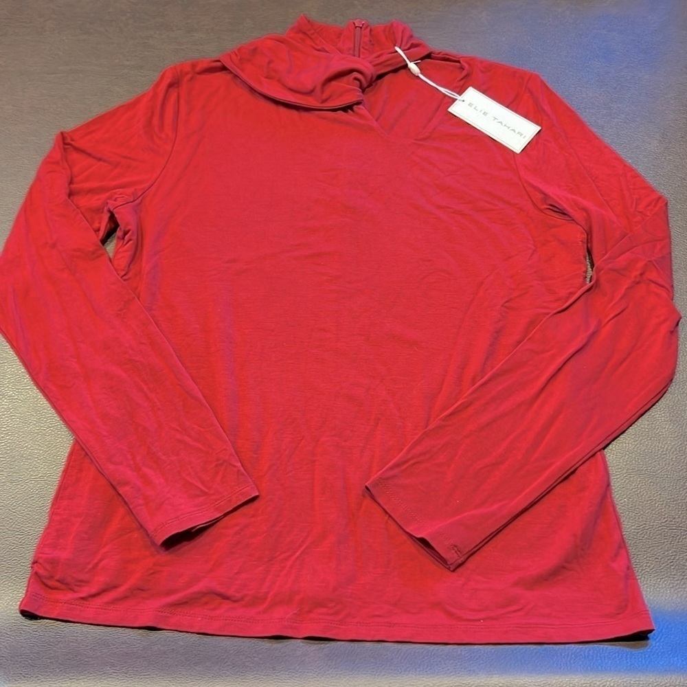 Elie Tahari Red Twist Mock Neck Top Large - Picture 6 of 9
